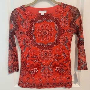 NWT Charter Club Coral Scarf Print 3/4 Length Blouse, Size PP